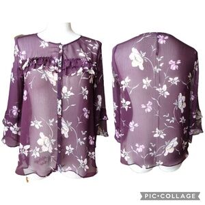 Lauren Conrad Sheer Plum Floral Button-Down Bell Sleeves Blouse – Size XS